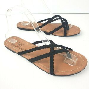 Bobbie Brooks Black Faux Suede Braided Flop Flop Strappy Thong Sandals sz 8/9